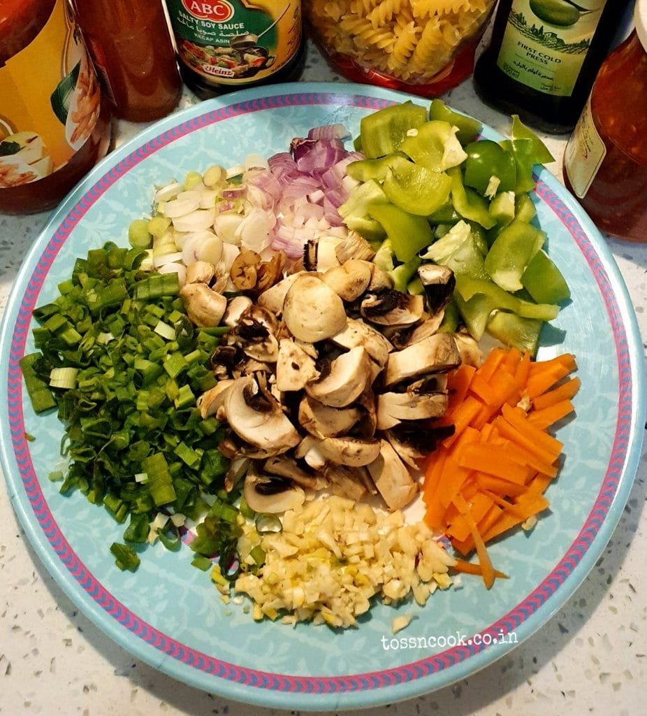 Finely chopped vegetable ingredients in the plate