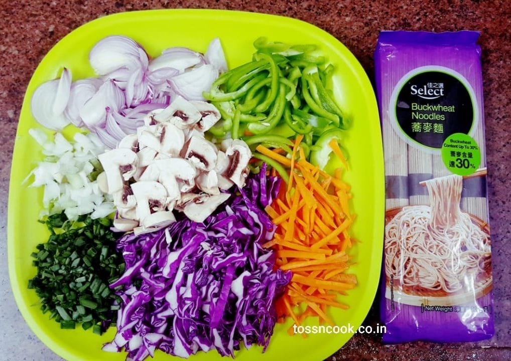 Finely chopped vegetables and noodles for display purpose+