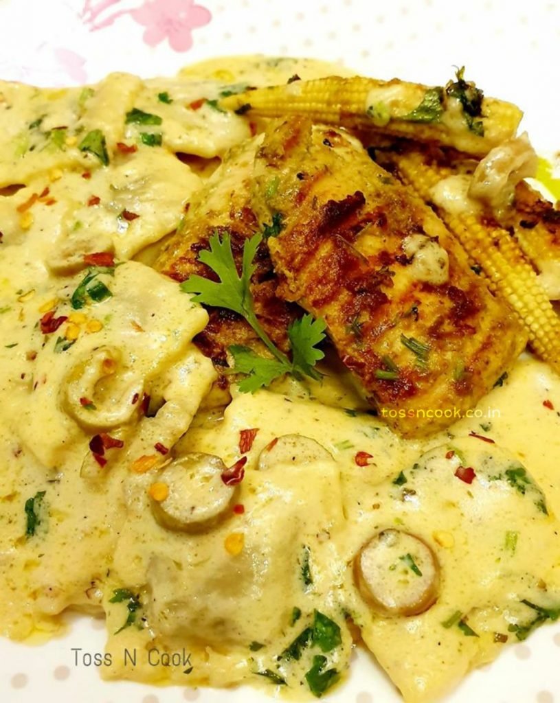 Spinach Ravioli in Creamy Mushroom Sauce with Grilled Chicken