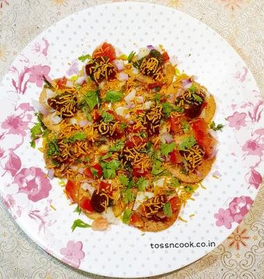 A sev puri dish served in a plate